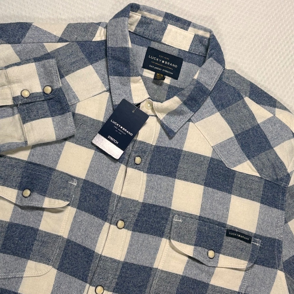 Lucky Brand Mens L Saturday Stretch Pearl Snap Buffalo Plaid Flannel Shirt